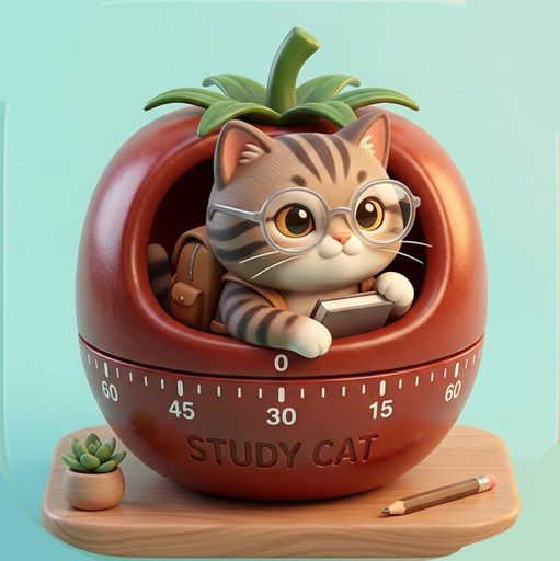 Study Cat app icon: a cat with glasses in a tomato timer